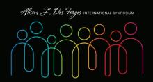 Marketing image for the Alison L. Des Forges International Symposium. Black background. At the top in cursive white-font, the name of the symposium. Underneath, people represented by circles (as heads) and a swirling loop (for bodies) in a rainbow of colors.