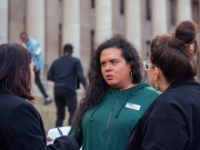 Catalina Velasquez at an immigrant rights protest outside of the Washington State Capitol.