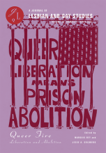 GLQ Journal Cover: pink background with dark pink text made to look like the sideways outline of the American flag with the words "Queer Liberation Means Prison Abolition" behind the the stripes, which look like prison bars 