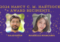 Headshots of Saad Khan and Marielle Marcaida on a purple background with stars. Above their photos in large letters "2024 Nancy C.M. Harstock Award Recipients." Below their photos, their names: "Saad Khan" and "Marielle Marcaida" in caps. 