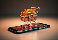 Miniaturized shopping cart full of packages on top of a cell phone