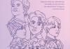 Cover of Bangtan Remixed. The cover has a pink background with yellow and white lettering. It features purple line drawings of the heads of BTS group members.