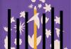 Book cover with purple background, white flowers and birds covered by black lines symbolizing prison bars with the bar in the middle replaced by a pencil