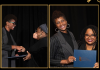 Panel strip with three photos: Feelin book cover, Bettina Judd being handed MLA award, and Bettina Judd posing for a photo with the award presenter while holding award.