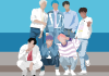 Illustrated outline of the boy band, BTS. 