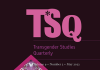 Journal cover of Transgender Studies Quarterly. Mostly black page with white and pink font. Featuring image of an upside down heart with hands inside and a glittery background. 