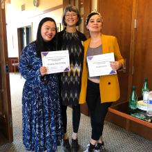 From Left: Christina Yuen Zi Chung, Professor Sasha Welland, and Mediha Sorma. Christina and Mediha are holding Marie Doman Award certificates.